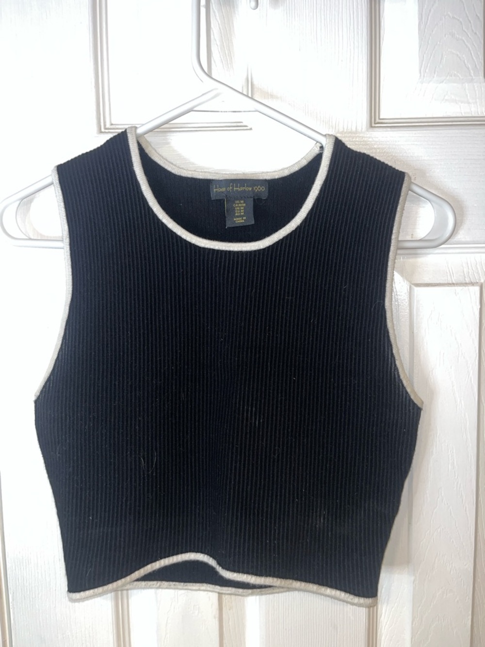 House of Harlow 1960 Black Ribbed Crop Tank with Cream Trim